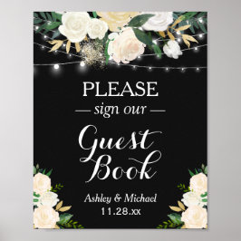 おしゃれなホワイトフラワー ストリングライト ゲストブックサイン ポスター
