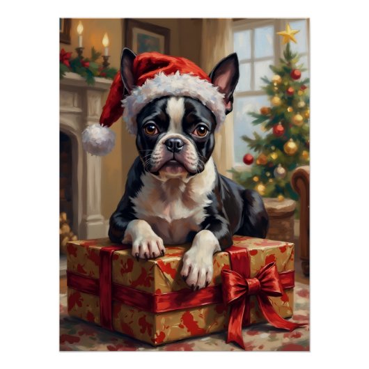 おしゃれなボストンテリアのクリスマスギフト ポスター (正面)