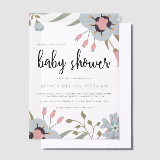 おしゃれなボタニカルベビーシャワー ベラム紙招待状 (オフセット)