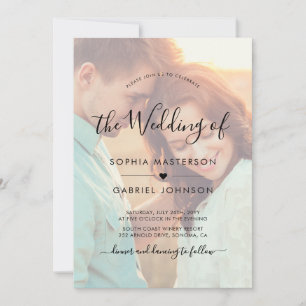 おしゃれなボヘミアンコーリックスクリプト写真オーバーレイウェディング 招待状