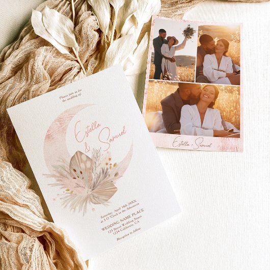 おしゃれなボヘミアンハウスウェディングパンパスフラワームーンフォト 招待状