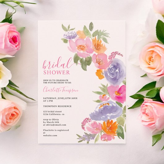 おしゃれなボヘミアンピンクの花の水彩画の結婚前お披露目パーティー 招待状