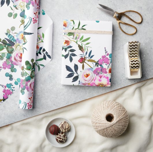 おしゃれなボヘミアンフラワーピンクラベンダーの結婚式ギフト ラッピングペーパー (クラフト)
