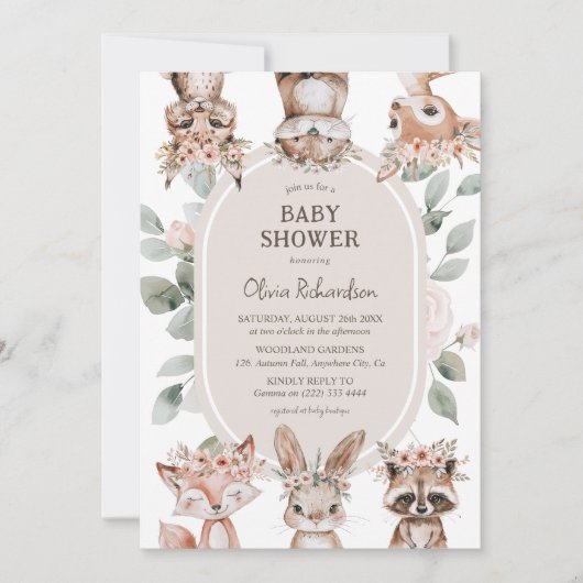 おしゃれなボヘミアンワールドウッドランドアニマルベイビーシャワー 招待状 (正面)