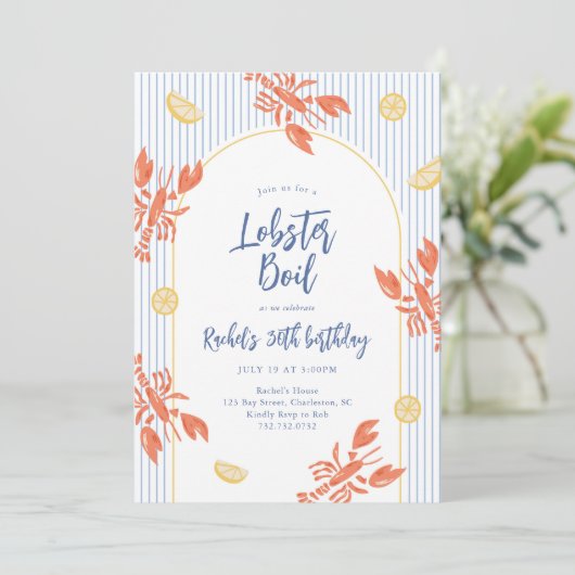 おしゃれなボーダーでのカジュアルなロブスター煮込みの海鮮パーティー 招待状 (スタンド正面)