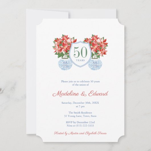 おしゃれなポインセチアのホリデーパーティー ウェディングアニバーサリー 招待状 (正面)