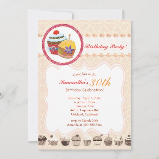 おしゃれなポッシュカップケーキ 30歳の誕生日パーティー 招待状 (正面)