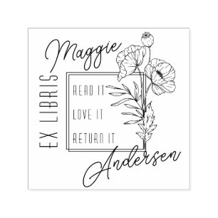 おしゃれなポピー   オーダーメイド名前入りエクスリブリス本のしおり セルフインキングスタンプ