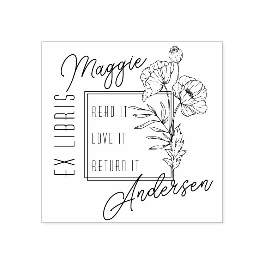 おしゃれなポピー | オーダーメイド名前入りエクスリブリス本のしるし ラバースタンプ (インプリント)
