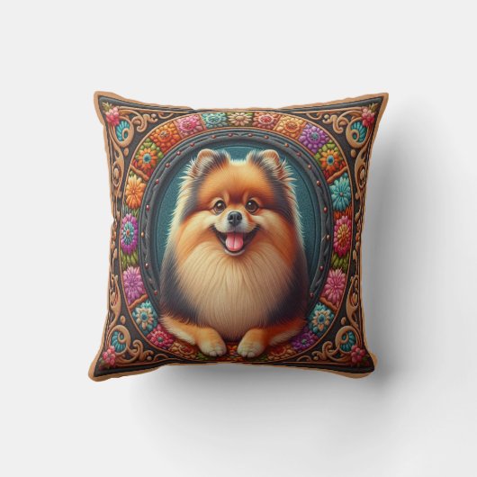 おしゃれなポメラニアン犬の花柄カラフルボーダー クッション (裏面)