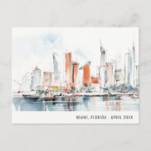 おしゃれなマイアミ フロリダ スカイライン 水彩画 トラベル ポストカード (正面)