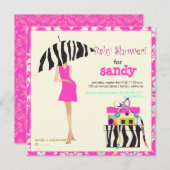 おしゃれなママたちへ、ホットピンクのダマスク/ゼブラ柄ベイビーシャワー 招待状 (正面/裏面)