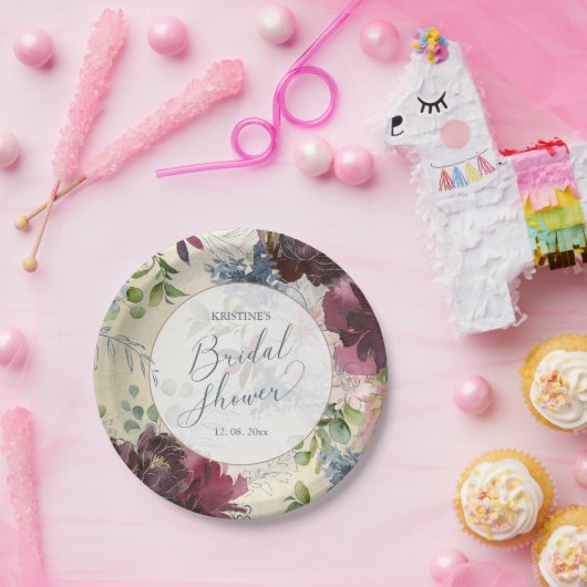 おしゃれなマルサラ フローラル ウォーターカラー ゴールド ブライダル シャワー ペーパープレート (パーティー)