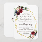 おしゃれなマルロット ネイビーブルー 花モチーフ ゴールドフレーム 結婚式 招待状 (正面/裏面)