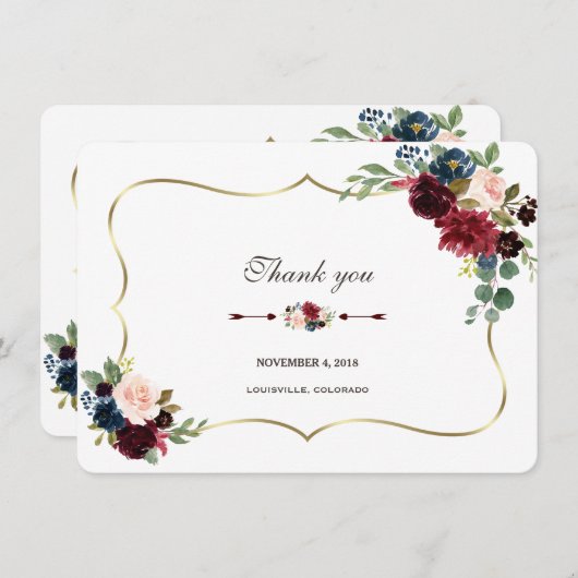 おしゃれなマーブ ルー ナビーブルー フラワーの結婚式のお礼 招待状 (正面/裏面)