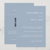 おしゃれなミニマリスト ダスティーブルー＆ホワイト ウェディングQRコード 招待状 (正面/裏面)