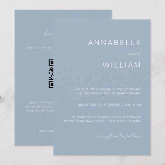 おしゃれなミニマリスト ダスティーブルー＆ホワイト ウェディングQRコード 招待状 (正面/裏面)