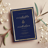 おしゃれなミニマリスト ネイビーブルー ゴールドの結婚式 招待状