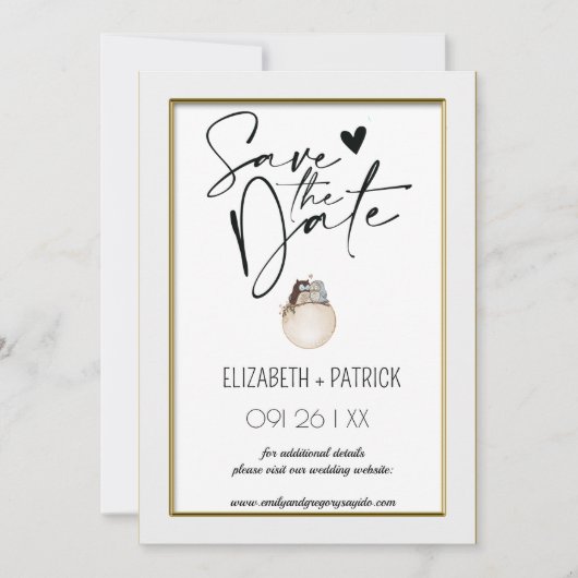 おしゃれなミニマリスト、恋するフクロウたち　保存日付のお知らせ 招待状 (正面)