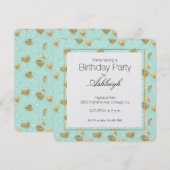 おしゃれなミントとゴールドダイヤモンドの誕生日 招待状 (正面/裏面)