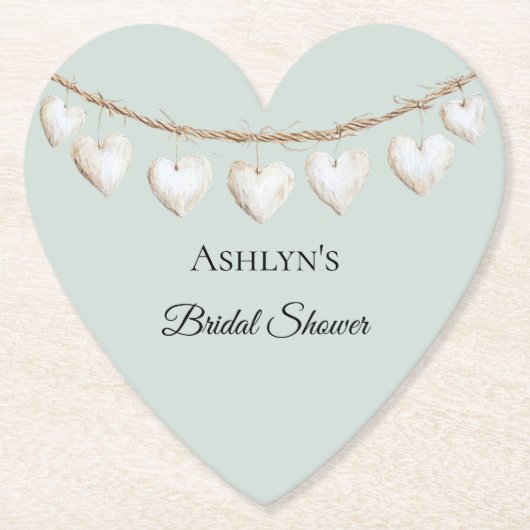 おしゃれなミントグリーンと白のハートの花嫁のシャワー ペーパーコースター (正面)