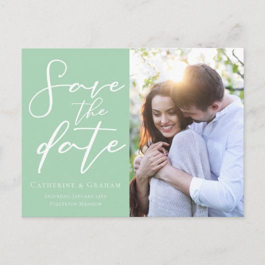 おしゃれなミントグリーンのカップル写真　保存してね 案内ポストカード (正面)