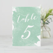 おしゃれなミントグリーンの水彩テーブルナンバーカード 招待状 (スタンド正面)