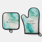 おしゃれなミントホワイトゴールドのブライズシャワー 鍋つかみ&鍋敷きセット (正面)