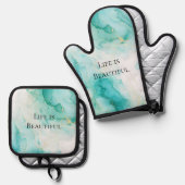 おしゃれなミントホワイトゴールドのブライズシャワー 鍋つかみ&鍋敷きセット (正面/裏面)