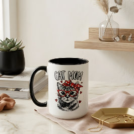 おしゃれなメガネとバンダナの猫ママ 白いコーヒー マグカップ