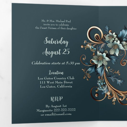 おしゃれなメタリック フラワー スイート16 パーティー招待状 三つ折り招待状 (内部最初)