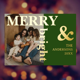 おしゃれなモスグリーンの「Merry & Bright Family Photo」 箔シーズンカード