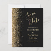 おしゃれなモダンな結婚式の「Save the Date」カード　ゴールドグリッター黒　4枚の写真 (正面)