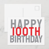 おしゃれなモダンな赤とグレーの白のハッピーの100歳の誕生日 ポストカード (正面/裏面)