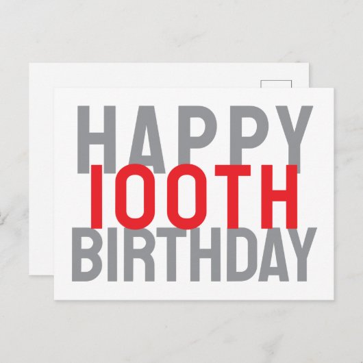 おしゃれなモダンな赤と白の100歳の誕生日カード ポストカード (正面/裏面)
