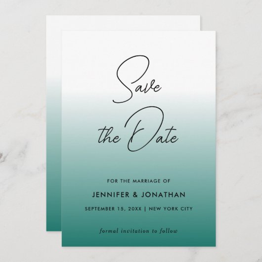 おしゃれなモダンエレガントなターコイズブルーのシンプルなカリグラフィー セーブザデート (正面/裏面)