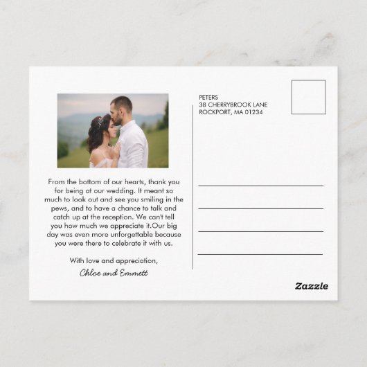 おしゃれなモダンカリグラフィー写真ウェディング感謝カード ポストカード (裏面)