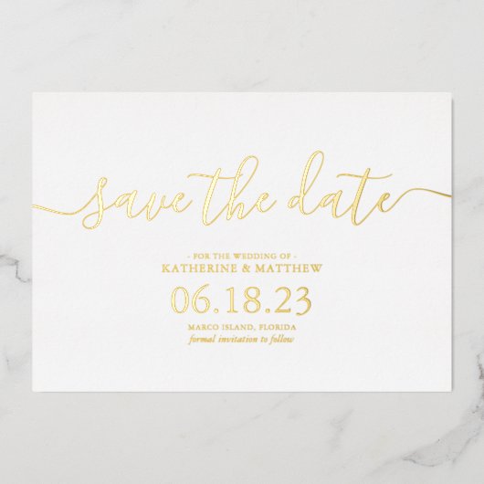 おしゃれなモダンカリグラフィー結婚式Save the Date 箔招待状 (正面)