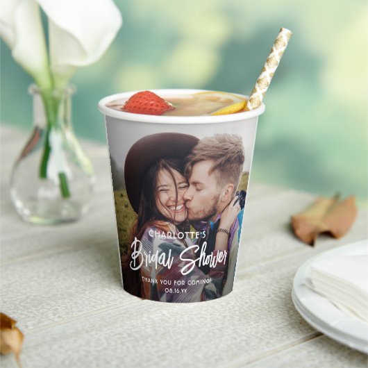 おしゃれなモダンスクリプト2写真ミニマル ブライダルシャワー 紙コップ (インサイチュ)