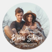 おしゃれなモダンスクリプト&写真 ウェディングシャワーお礼メッセージ ラウンドシール (正面)