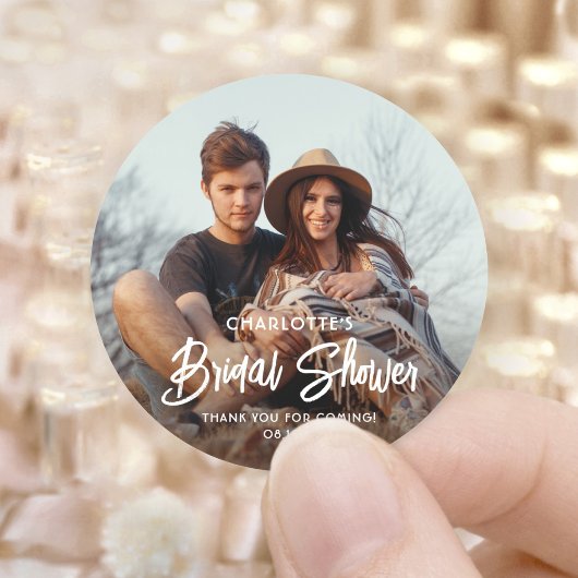 おしゃれなモダンスクリプト&写真 ウェディングシャワーお礼メッセージ ラウンドシール