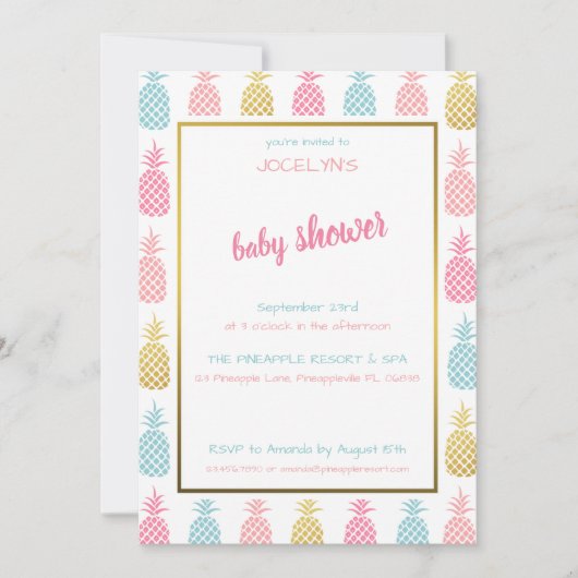 おしゃれなモダントロピカルパイナップルベビーシャワー 招待状 (正面)