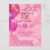 おしゃれなモダンピンク風船の誕生日パーティー招待状 ポストカード (正面)