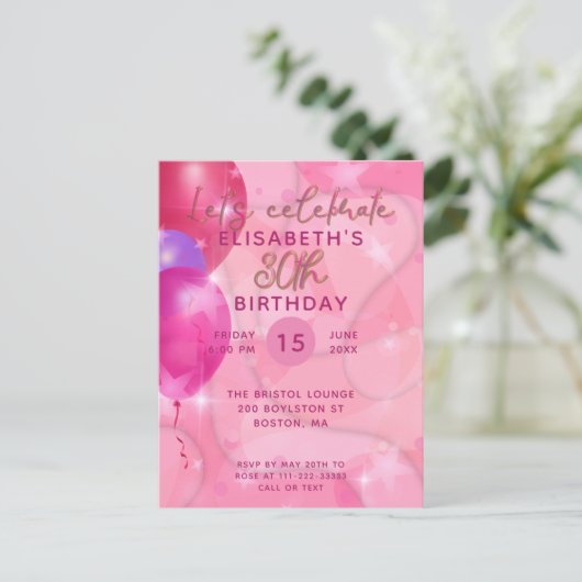 おしゃれなモダンピンク風船の誕生日パーティー招待状 ポストカード (スタンド正面)