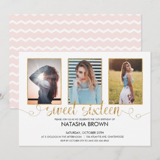 おしゃれなモダン タイポグラフィー スイート 16 ゴールド パーティー フォト 招待状 (正面/裏面)