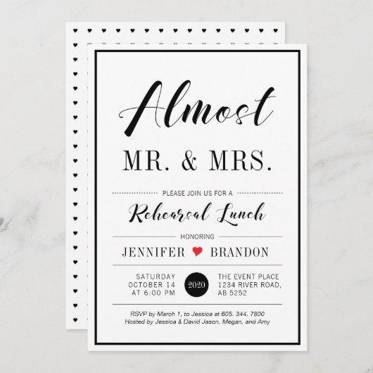 おしゃれなモダン タイポグラフィー 結婚式リハーサルランチ 招待状 (正面/裏面)