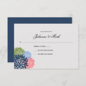 おしゃれなモダン ネイビー ピンク 緑 花の花びら RSVP (正面/裏面)