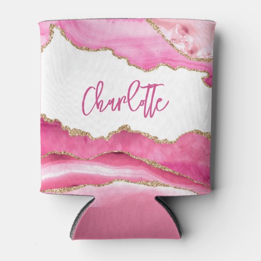 おしゃれなモダン ピンクアゲート ゴールドグリッター オーダーメイド 缶クーラー (正面)