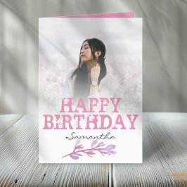 おしゃれなモダン ピンク フォト 水彩 誕生日 カード