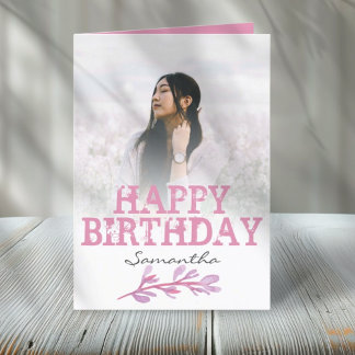 おしゃれなモダン ピンク フォト 水彩 誕生日 カード